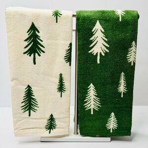 Brand New Holiday Tree Patterned Kitchen Towels - Green and Cream